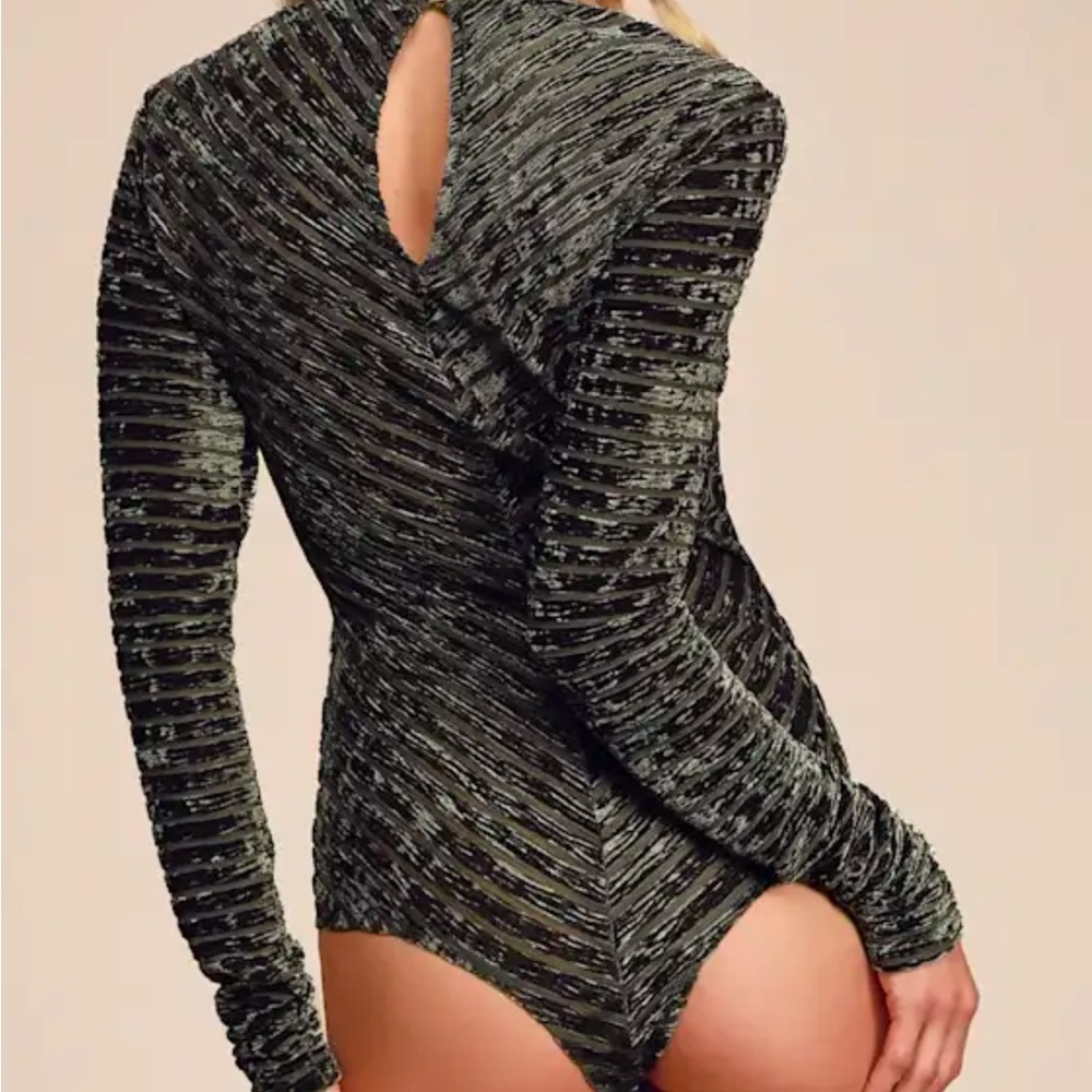Save the Date Olive Green Velvet Striped Long Sleeve Bodysuit - Picture 6 of 6